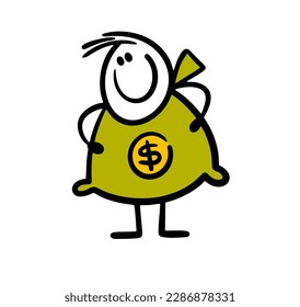 Cartoon stickman in a money bag suit with a dollar sign from the bank. Vector illustration of a successful financial businessman.