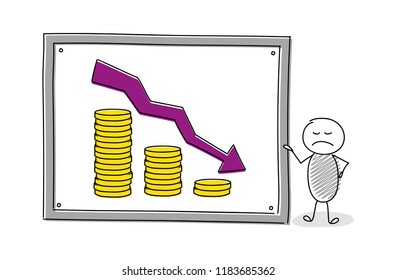Cartoon stickman with money graph. Vector.