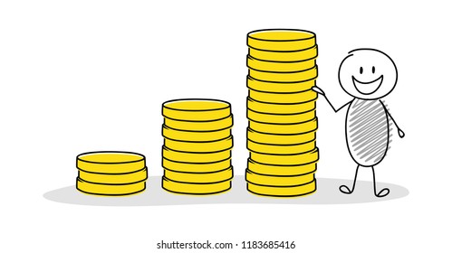 Cartoon stickman with money graph. Vector.