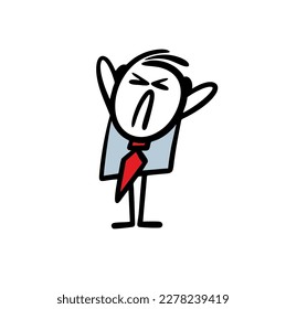 Cartoon stickman in  office jacket and tie covered his ears with his hands in depression. Vector illustration of a businessman not coping with feelings and situation.