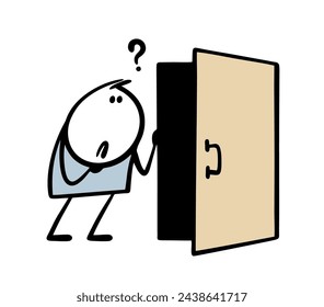 Cartoon stickman opens the door and looks into the black space. Vector illustration of doodle man facing the unknown. Scared character and  question mark. Isolated person on white background.