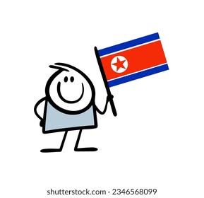 Cartoon stickman proudly holds the flag of North Korea. Vector illustration of doodle Asian resident hand drawn. Cute person isolated on white background.