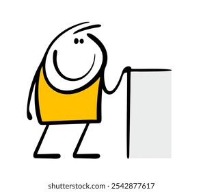 Cartoon stickman put his hand on the edge of a piece of paper with important information. Vector illustration of a person attracts attention. An empty space for your text and design. 