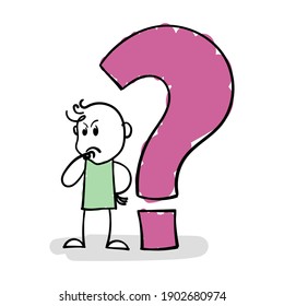 Caricatura de Stickman con signo de interrogación. Dibujar una ilustración conceptual de un empresario pensando en el problema y la solución a la tarea. Esbozo de Doodle. Ilustración conceptual de ideas empresariales.