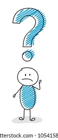 Cartoon stickman with question mark symbol - confused facial expression. Vector.