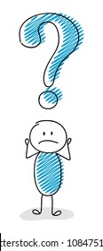Cartoon stickman with question mark symbol - confused facial expression. Vector.