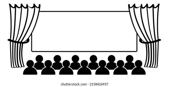 Cartoon stickman represented by presentation. Empty cinema movie theater stage with a curtain, for theatre, festival or cinema banner.  Stick figure man and auditorium and board. Theatre, movie or day