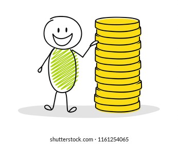 Cartoon stickman showing coin stack. Vector.