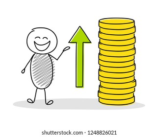 Cartoon stickman showing coin stack. Vector.