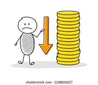 Cartoon stickman showing coin stack. Vector.