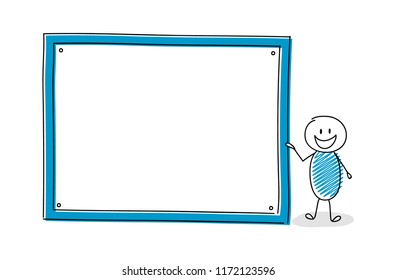 Cartoon stickman showing empty whiteboard. Vector.