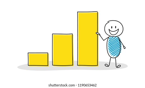 Cartoon stickman showing graph with columns. Vector.