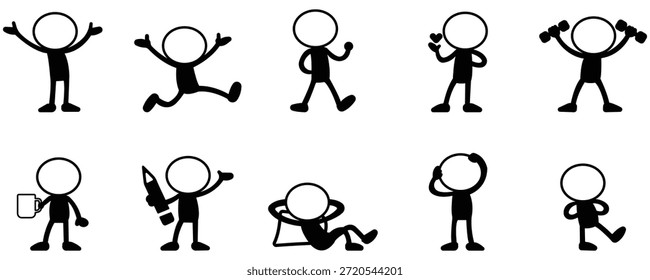 Conjunto de silueta de stickman de dibujos animados, paquete de pose de personaje simple, colección de figura humana juguetona
