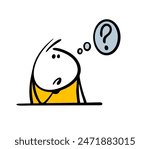 Cartoon stickman sits at a table and looks thoughtfully. Vector illustration of  guy and  question mark. Boy solves  problem at school. Isolated cartoon character  on white background.