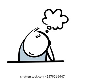 Cartoon stickman sits at a table and thinks. Vector illustration of a man dreaming. Isolated funny person on white background.