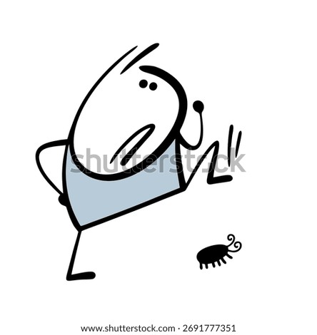Cartoon stickman squashed a cockroach with a grimace of disgust. Vector illustration a man lifted his leg and destroyed a harmful insect in the house.