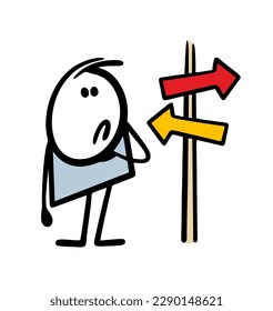 Cartoon stickman stands at a crossroads in front of the pointer and tries to choose a path.  Vector illustration of a person deciding where to move on.