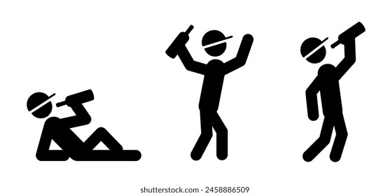 Cartoon stickman, stick figure drunk man with wine bottle. Alcoholic drink sign. Party drinker.