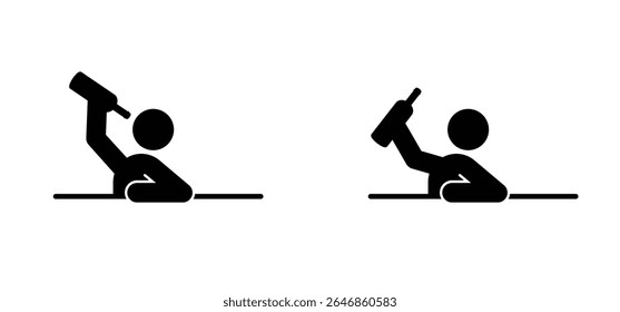 Cartoon stickman, stick figure drunk man with wine bottle. Alcoholic drink. People are talking at the table and having drinks showing cheers posture. Cafe, bar kitchen table. Alcoholism concept.