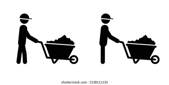 Cartoon Stickman, Stick Figure Man With Wheelbarrow Or Garden Trolley. Vector Icon Or Pictogram. Garden Tools. Wheel Barrow Logo. Gardener Worker. Builder Or Construction Worker With Safety Helmet.