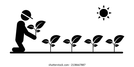 Cartoon Stickman, stick figure man with garden plants. Vector gardening icon. Garden maintenance tools. Plant logo. Farm, farmer worker. Gardener, vegetable garden. Spring time, seedlings. Vegan