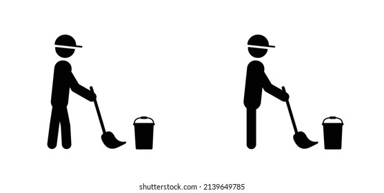 Cartoon Stickman, Stick Figure Man Worker Of Cleaning Service With Bucket. Vector Mopping, Sweeping Or Washes Floors Icon Or Pictogram. Clean Tools. Cleaner, Sweep Logo. Mop Or Moped Concept