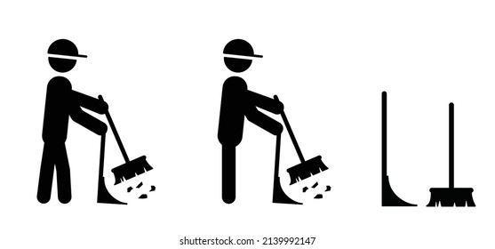 Cartoon Stickman, Stick Figure Man Sweeping The Floor Icon Or Pictogram. Sweepier, Cleaning Service. Clean Tools. Cleaner, Sweep Logo. Garden, Room Or Terrace Clean Concept. Brooms Symbol