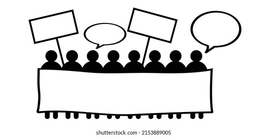 Cartoon stickman, stick figure man with speech bubble for protestation, protest, manifestation. Group of people protesting. people demonstration with empty banner. Activists holding a signboard. Forum