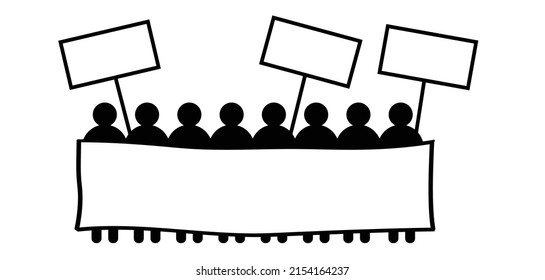 Cartoon stickman, stick figure man with speech bubble for protestation, protest, manifestation. Group of people protesting. people demonstration with empty banner. Activists holding a signboard. Forum