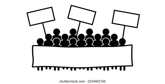 Cartoon stickman, stick figure man with speech bubble for protestation, protest, manifestation. Group of people protesting. people demonstration with empty banner. Activists holding a signboard. Forum