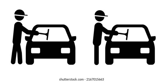 Cartoon stickman, stick figure man with window trigger or window wiper. Carwash pictogram or logo. Car wash service for polishing, cleaning, waxing the auto. services and equipment of washing the car.