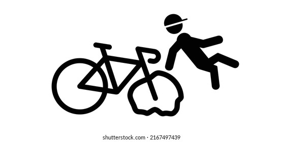 Cartoon stickman, stick figure man symbol. Falling down off a bike. Road, traffic accident, person fals of the bicycle. caution, dangerous cyclist fall pitcogram. Vector logo. Mamil