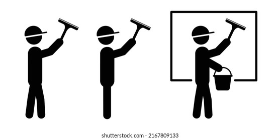 Cartoon Stickman, Stick Figure Man With Windows Trigger Or Window Wiper. Window Cleaning Service, Cleaning And Maintenance. Washing Glass With A Squeegee Icon Or Symbol. Clean Or Cleanup Tools.