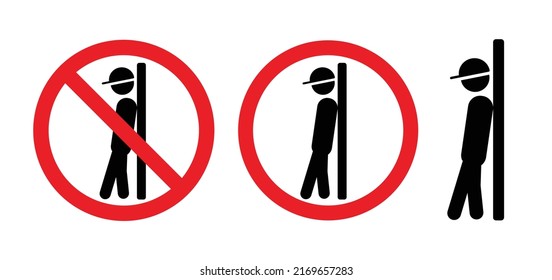 Cartoon stickman, stick figure man symbol or signboard. Do not lean on door, wall, glass, gate or railing  Please do not lean, accident prevention. Don’t sit here on stairs. Flat vector. No Loitering