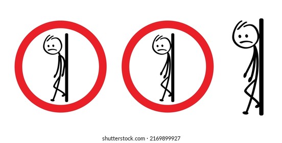 Cartoon stickman, stick figure man symbol or signboard. Do not lean on door, wall, glass, gate or railing  Please do not lean, accident prevention. Dont sit here on stairs. Flat vector. No Loitering.