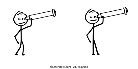 Cartoon stickman, stick figure man looking through telescope to the stars. Telescope icon or logo. Spyglass tool symbol. portable three legged telescopes. Astronomy telescope looking at the star.