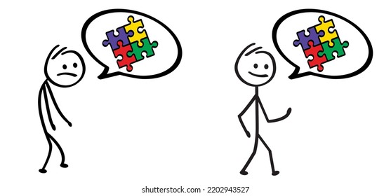 Cartoon stickman, stick figure man and and speed bubble or speech bubble. jigsaw puzzle pieces.  Autism spectrum disorder is a neurological and developmental disorder with social skills. Autism ribbon
