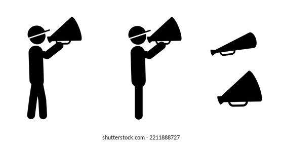 Cartoon stickman, stick figure man speaking in to the megaphone. Loudspeaker symbol. Walk or walking for protest or social media idea. megaphone or megafoon sign.