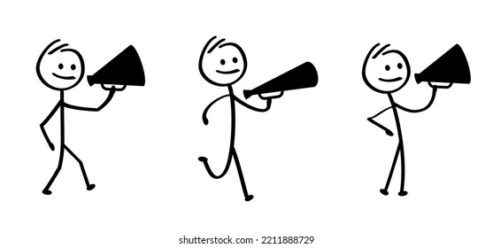 Cartoon stickman, stick figure man speaking in to the megaphone. Loudspeaker symbol. Walk or walking for protest or social media idea