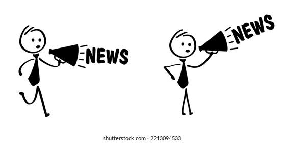 Cartoon stickman, stick figure man speaking in to the megaphone and saying hot news or breaking news. Loudspeaker symbol. Walk or walking for protest or social media, journalism idea. Live news