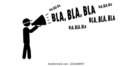 Cartoon stickman, stick figure man speaking in to the megaphone and saying bla, bla, bla or hot news or breaking news. Loudspeaker symbol. Walk or walking for protest or social media, journalism idea.