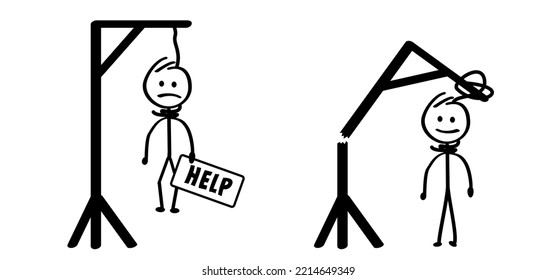 Cartoon stickman stick figure man. Vector Gallow symbol. Gallows glyph icon or logo, hang and knot, rope sign. Hangman or hangwoman noose knot. Drawing happy people.