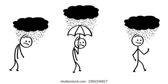 Cartoon stickman stick figure man walking in the rain, storm or fair weather. Under storm cloud, for umbrella time. Climate, water, rainy drop Walki or jumping and splashing in raincoats. Sun icon