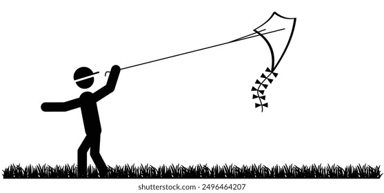 Cartoon stickman, stick figure man with a kite in the sky. Friends together, kite flying, have fun. Sport logo. Child playing or running fly a kite. Happy healthy children playing kites pictogram.