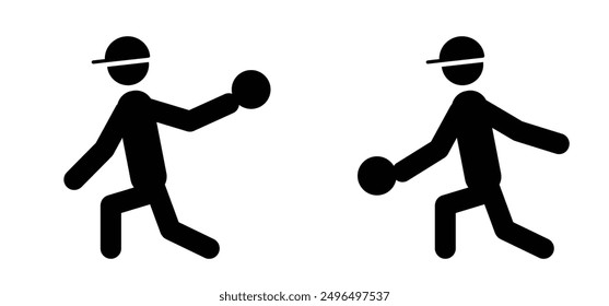 Cartoon Cartoon stickman, stick figure man with bowling pin. throws the bowling ball. Bowling strike idea. Sport or hobby game. Playing in a team, competition or tournament. 