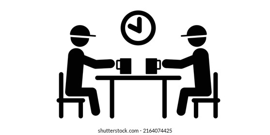 Cartoon stickman, stick figure. the people are talking at the table, or to work in concert with a cups in hands. School or kitchen table. Business lunch. Vector canteen or cafeteria, lunchtime icon. 