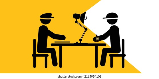 Cartoon Stickman, Stick Figure Police Officer. Prisoner Interrogation Table, Interrogating Concert. Suspect Criminal By Detective In Police Office, Under Light Of Lamp