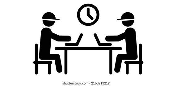 Cartoon stickman, stick figure with table, laptop. Five a clock, deadline loading symbol. People are working to works at home or in the office a workplace. Office worker.