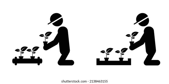 Cartoon stickman, stick figure. Vector gardener icon or pictogram. Garden maintenance tools. Flower pots pictogram. House, office potted plants silhouette. Leaf, growing tree. Flowerpot or houseplant 