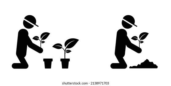 Cartoon stickman, stick figure. Vector gaerdener icon or pictogram. Garden maintenance tools. Flower pots pictogram. House, office potted plants silhouette. Leaf, growing tree. Sprintime, seedlings.